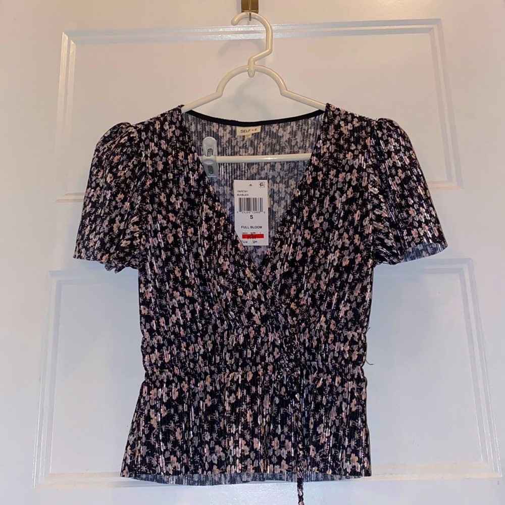 Black floral pattern low V cut pleated blouse, NWT